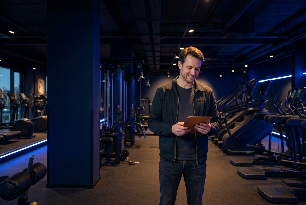 A gym owner reviewing their club on a tablet in a modern 24/7 fitness club