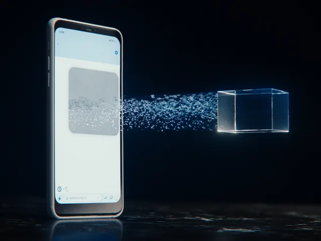 A phone keeps its WhatsApp chat on screen while a copy of the conversation streams into a glass cube beside it