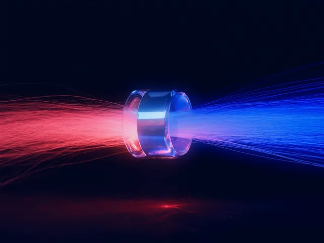 Red threads of light pass through a glass ring and come out blue