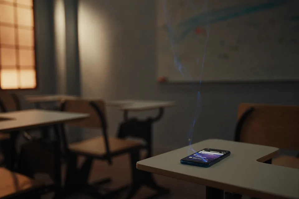 A phone on a desk in an empty classroom, a thin thread of light rising from it